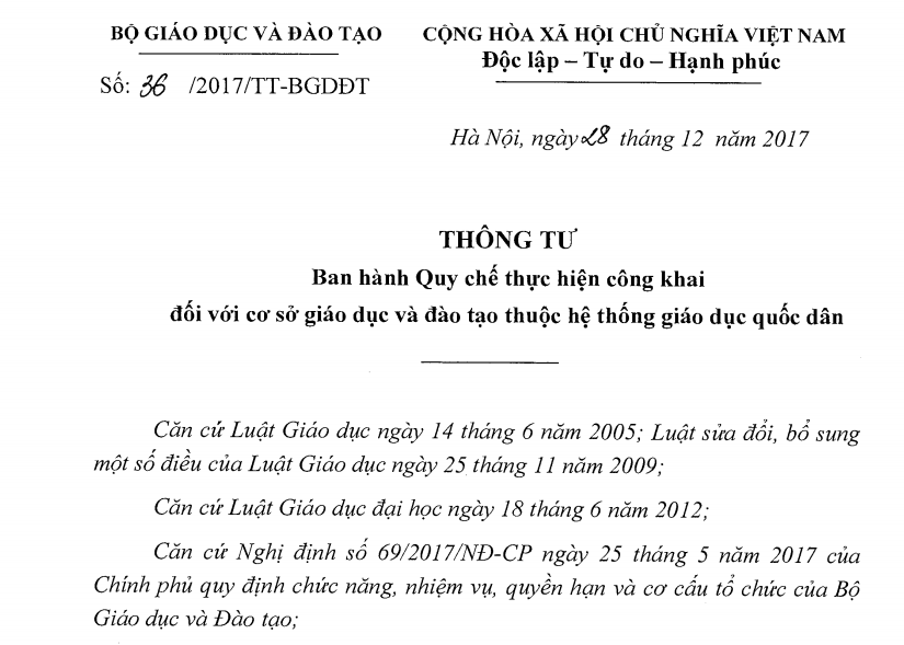 Thực hiện Thông tư 36/2017 / TT - BGDĐT....