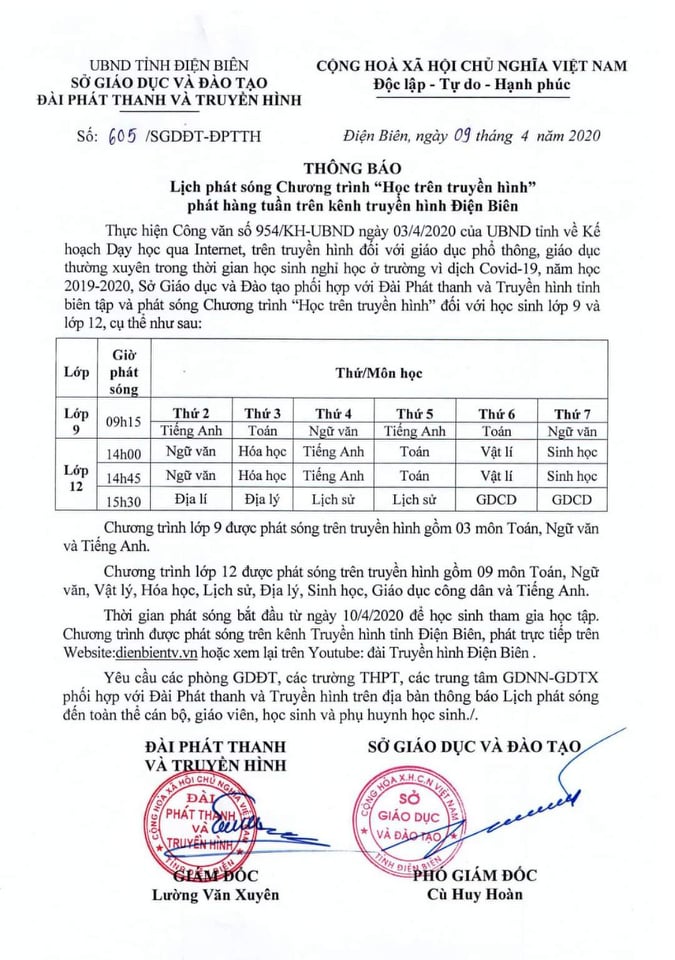 LỊCH PHÁT SÓNG CHƯƠNG TRÌNH "HỌC TRÊN TRUYỀN HÌNH" ĐIỆN BIÊN