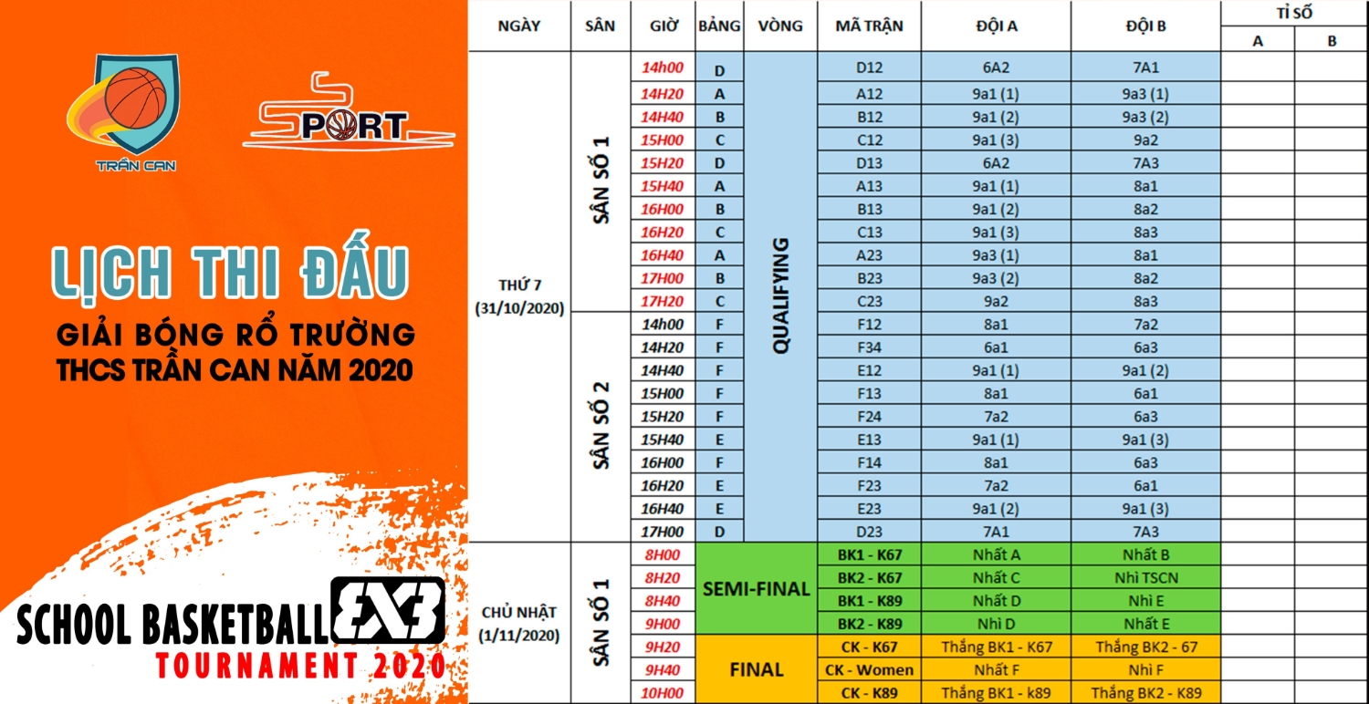 LỊCH THI ĐẤU BÓNG RỔ TẠI TRƯỜNG THCS TRẦN CAN